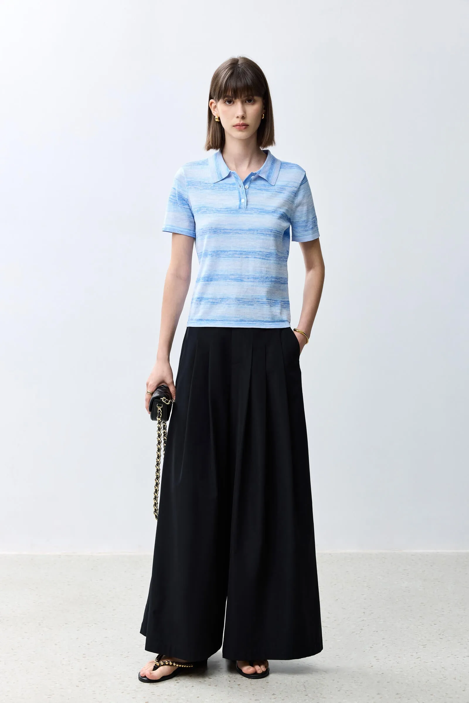 LILY Polo Collar Striped Versatile Short-Sleeve Knit Top