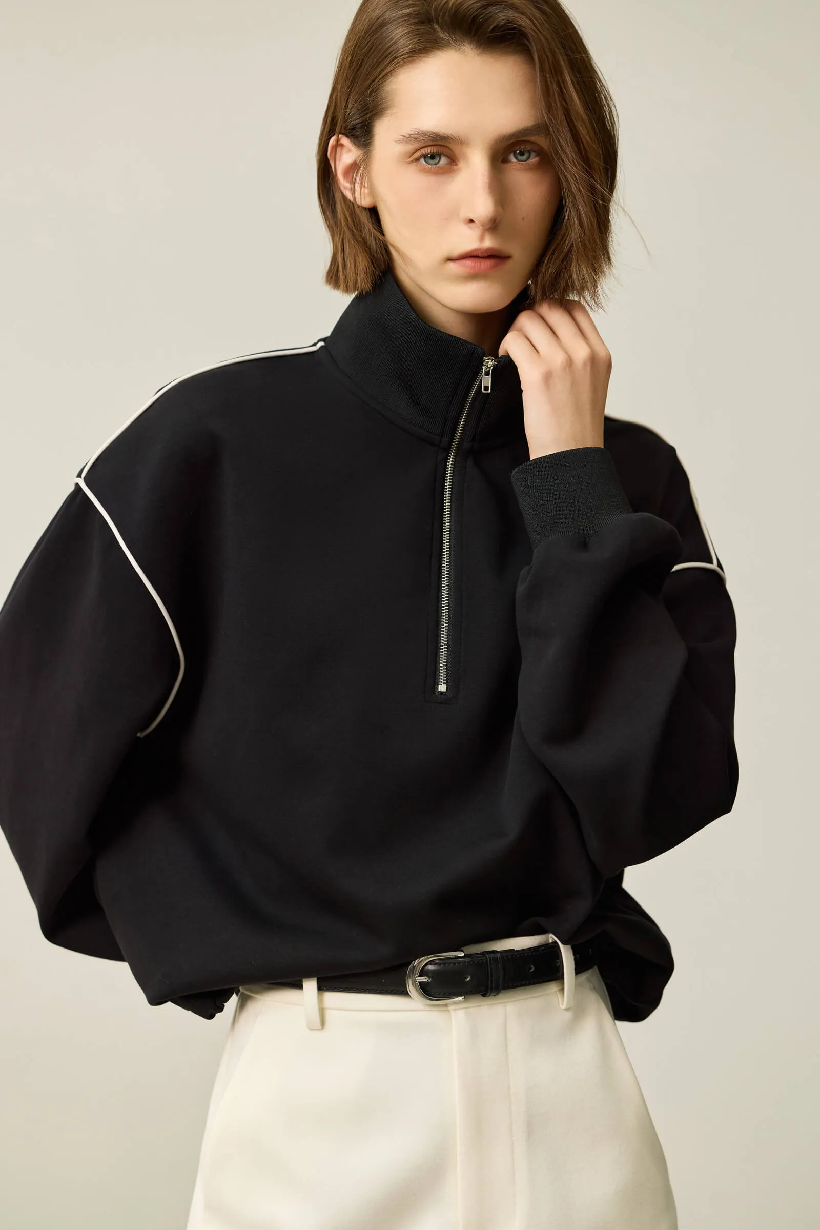 LILY Relaxed Zip-Neck Polo Long Sleeve Sweatshirt