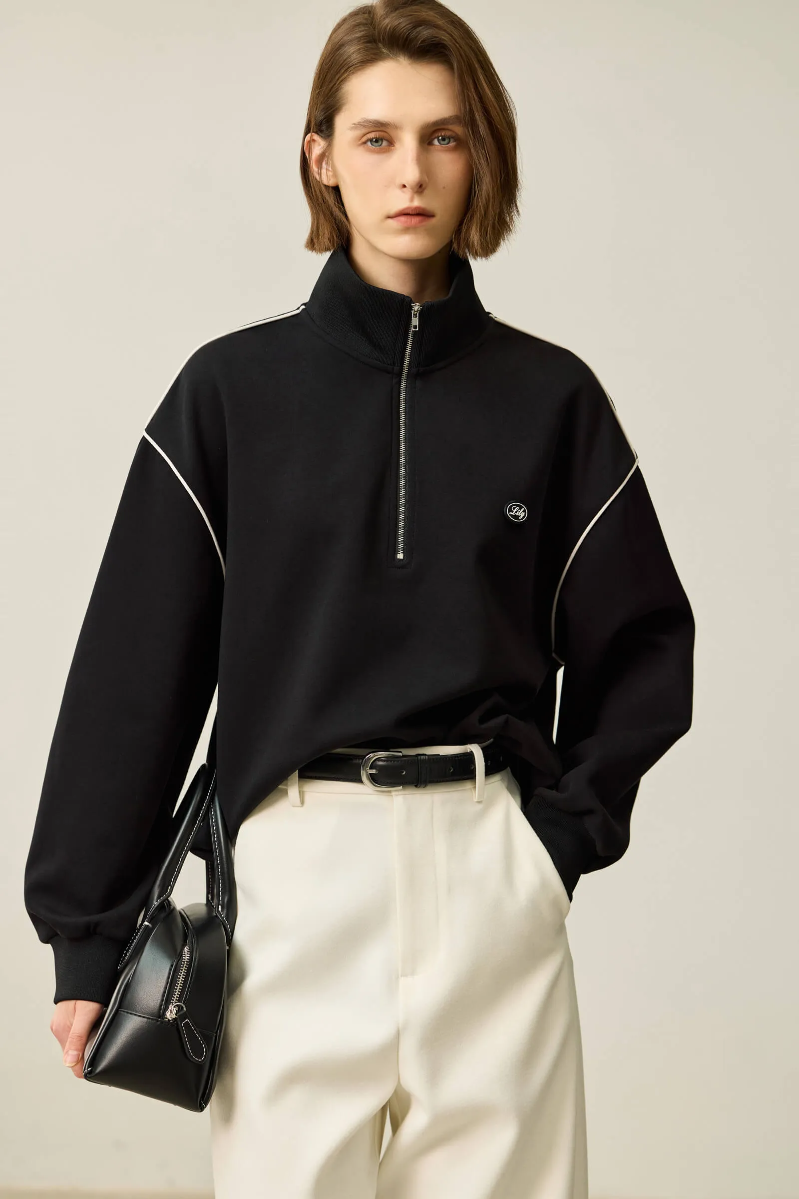 LILY Relaxed Zip-Neck Polo Long Sleeve Sweatshirt