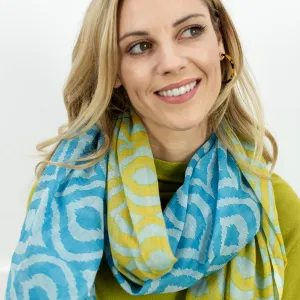 Lime Green & Aqua Blue Ikat Diamond Print Cotton Scarf