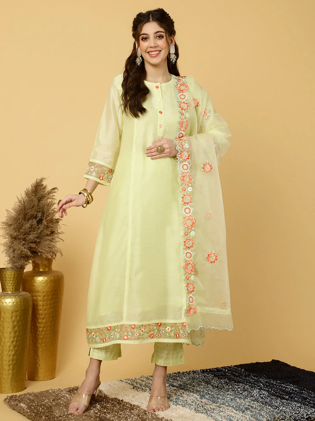 Lime Green Embroidered Art Silk Chanderi A-line Kurta With Pants And Dupatta