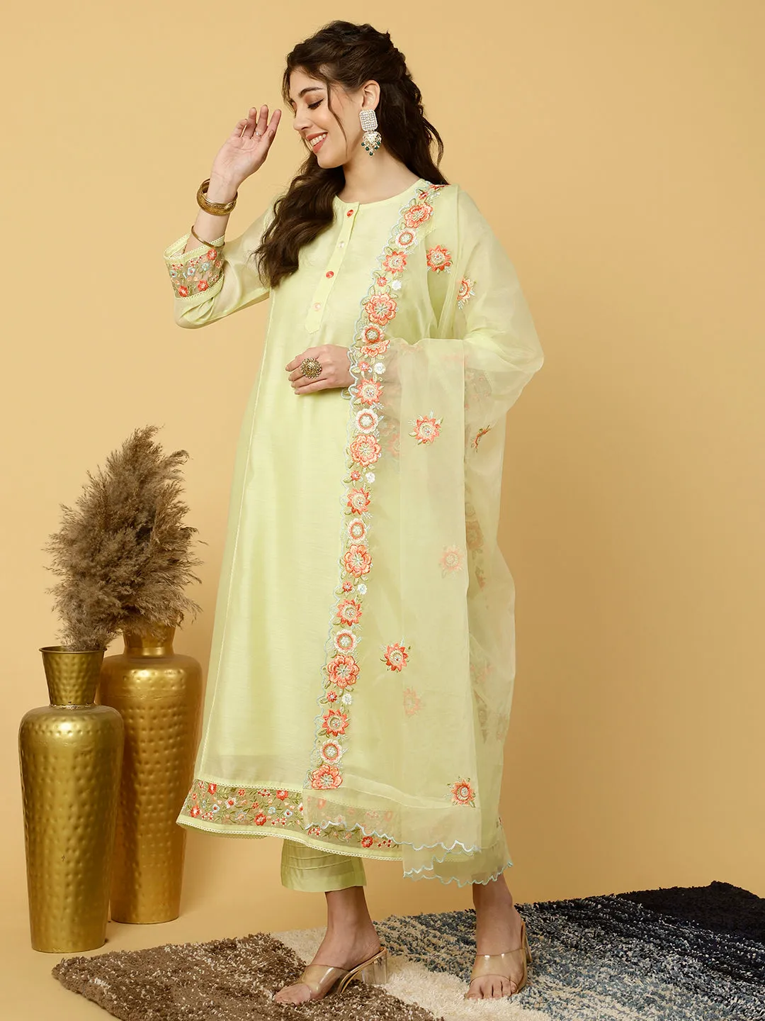 Lime Green Embroidered Art Silk Chanderi A-line Kurta With Pants And Dupatta