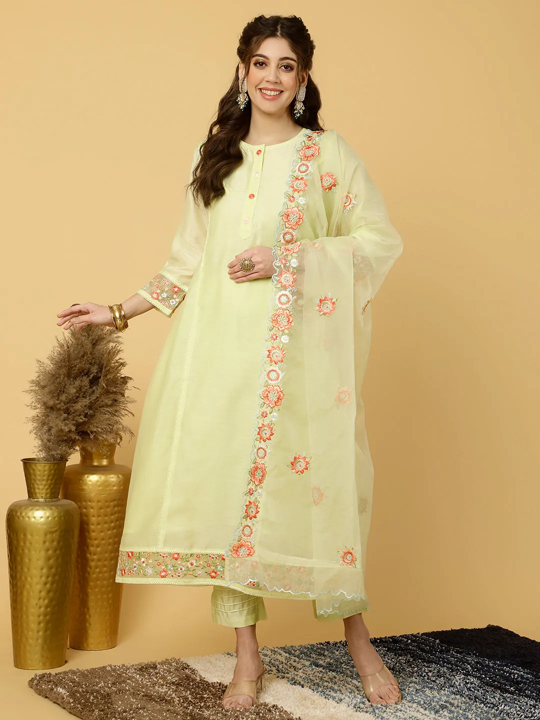 Lime Green Embroidered Art Silk Chanderi A-line Kurta With Pants And Dupatta