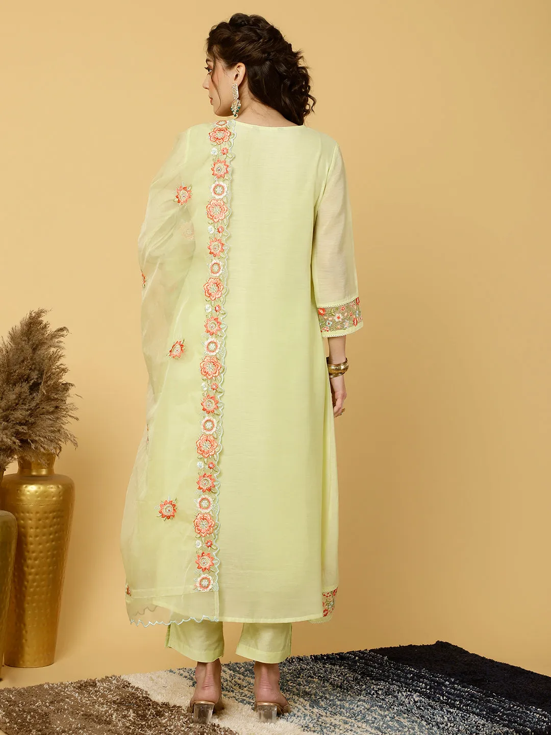 Lime Green Embroidered Art Silk Chanderi A-line Kurta With Pants And Dupatta