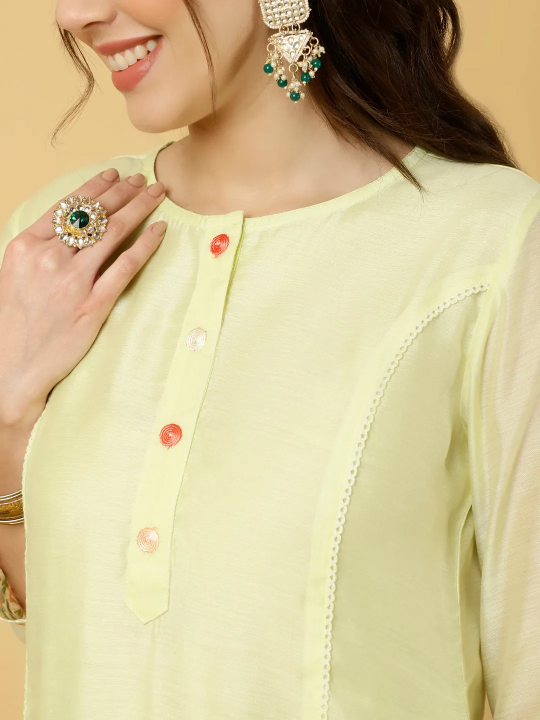 Lime Green Embroidered Art Silk Chanderi A-line Kurta With Pants And Dupatta