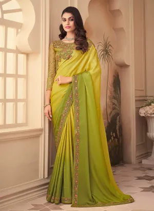 Lime Green Embroidered Party Wear Silk Saree