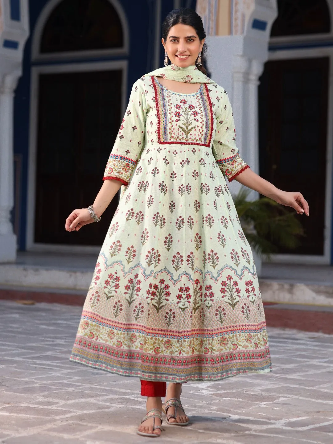 Lime Green Ethnic Motif Printed Pure Cotton Anarkali Kurta With Pant Set With Beads & Sequins