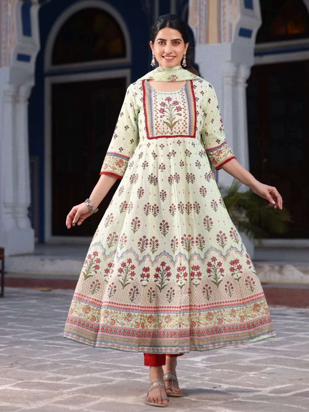 Lime Green Ethnic Motif Printed Pure Cotton Anarkali Kurta With Pant Set With Beads & Sequins