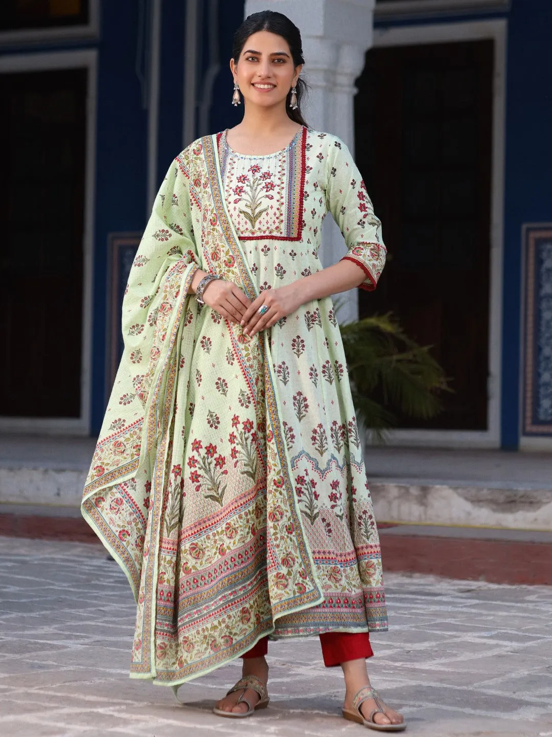 Lime Green Ethnic Motif Printed Pure Cotton Anarkali Kurta With Pant Set With Beads & Sequins