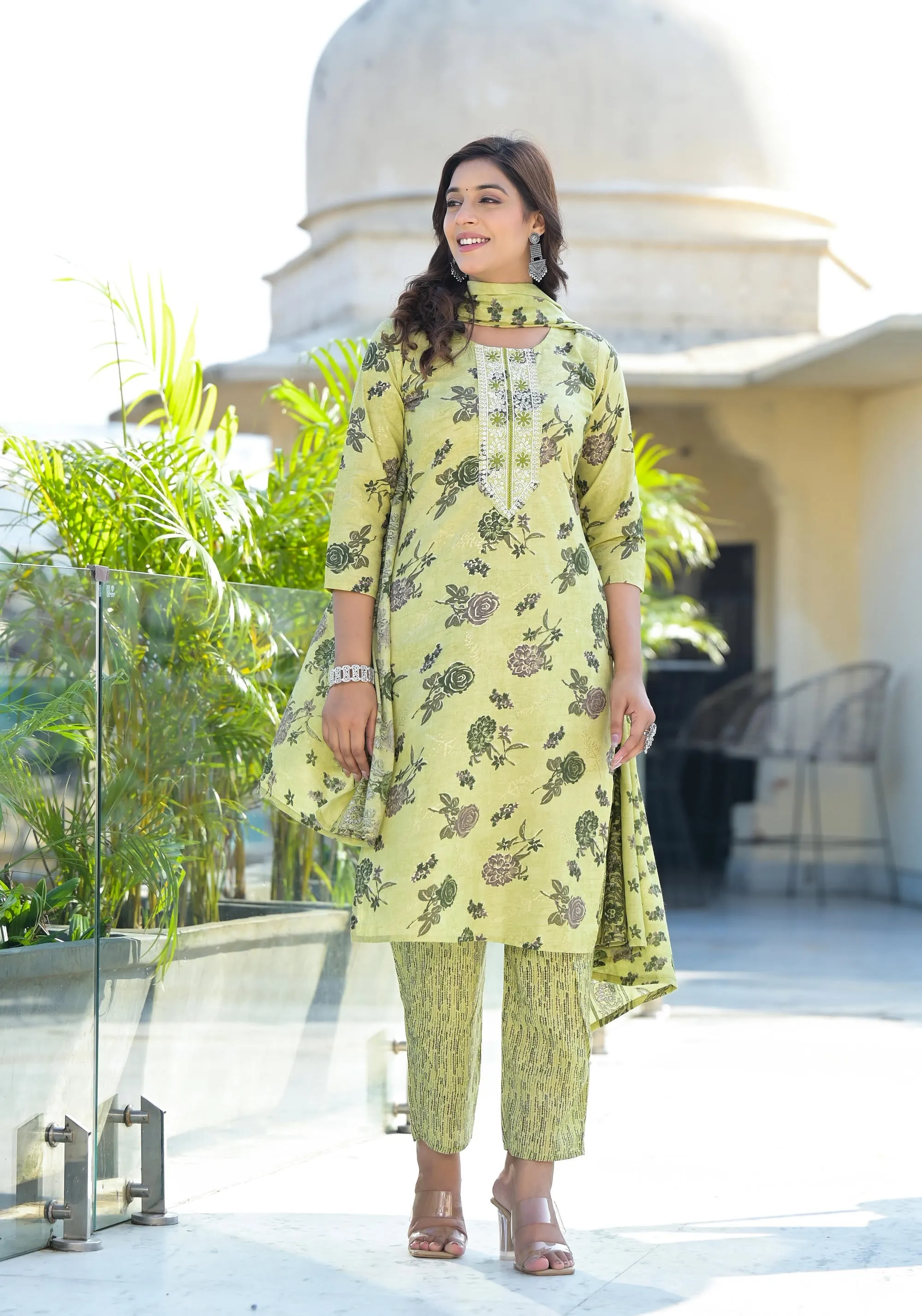 Lime Green Floral Printed Cotton Kurta Pant And Dupatta Set With Thread Work