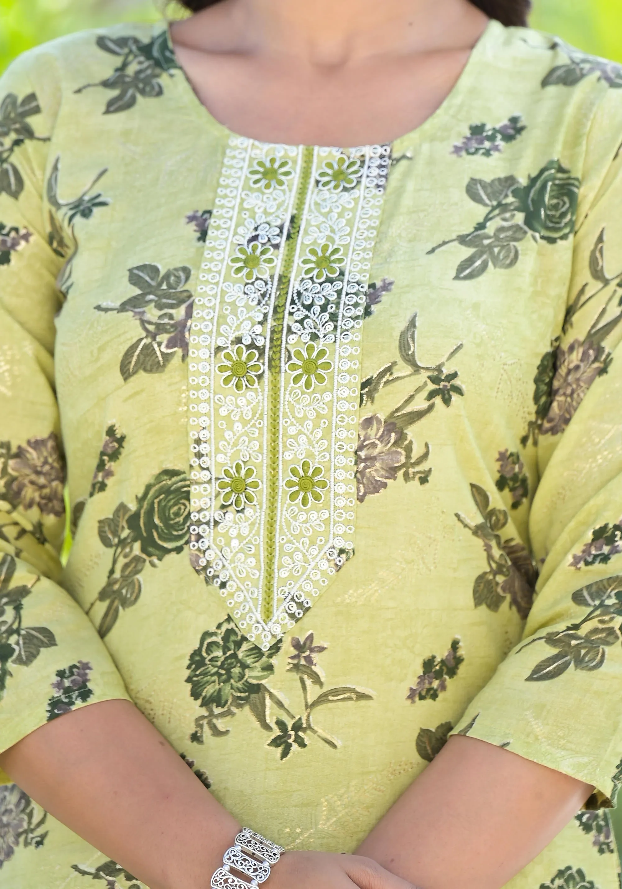 Lime Green Floral Printed Cotton Kurta Pant And Dupatta Set With Thread Work