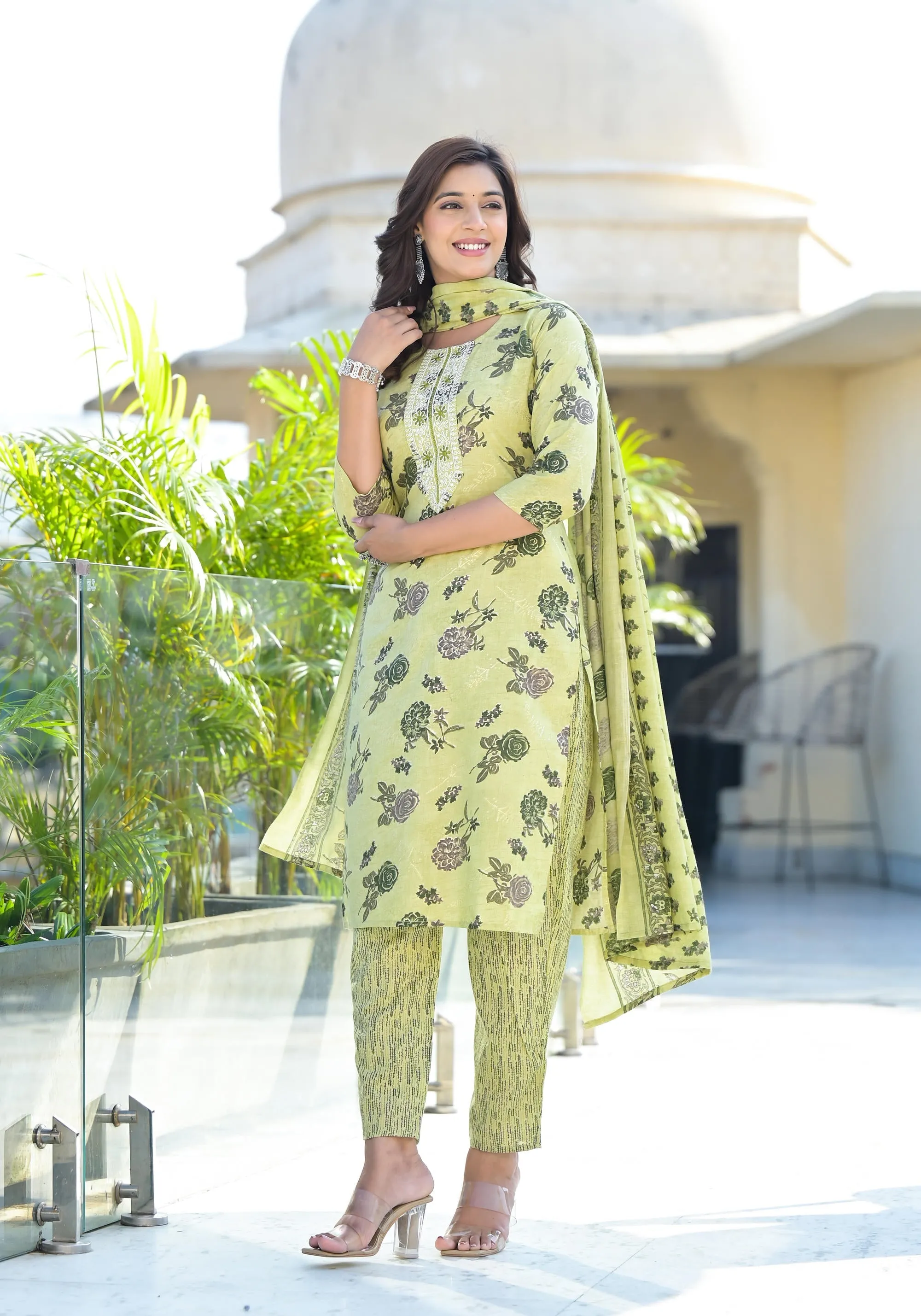 Lime Green Floral Printed Cotton Kurta Pant And Dupatta Set With Thread Work