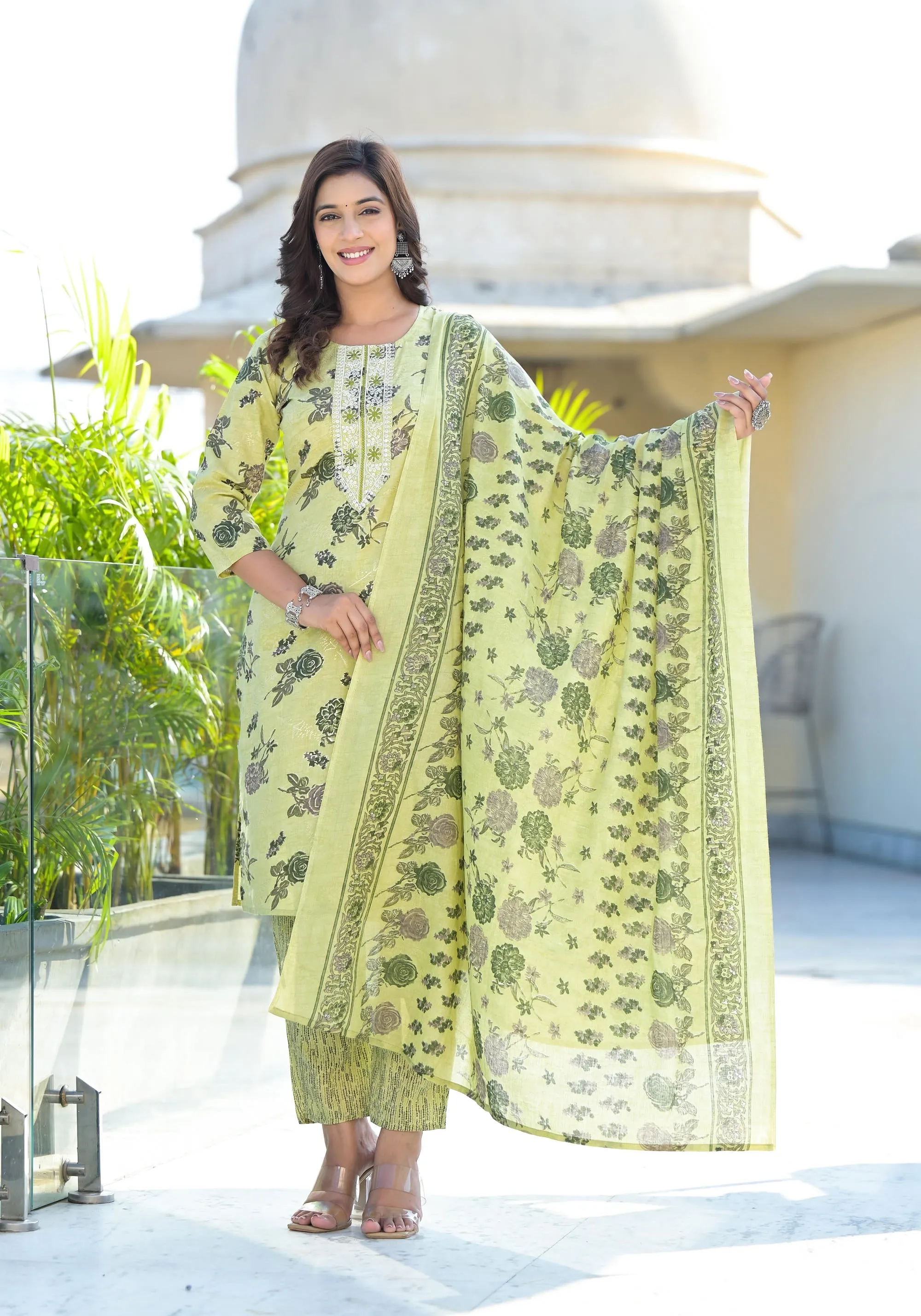 Lime Green Floral Printed Cotton Kurta Pant And Dupatta Set With Thread Work