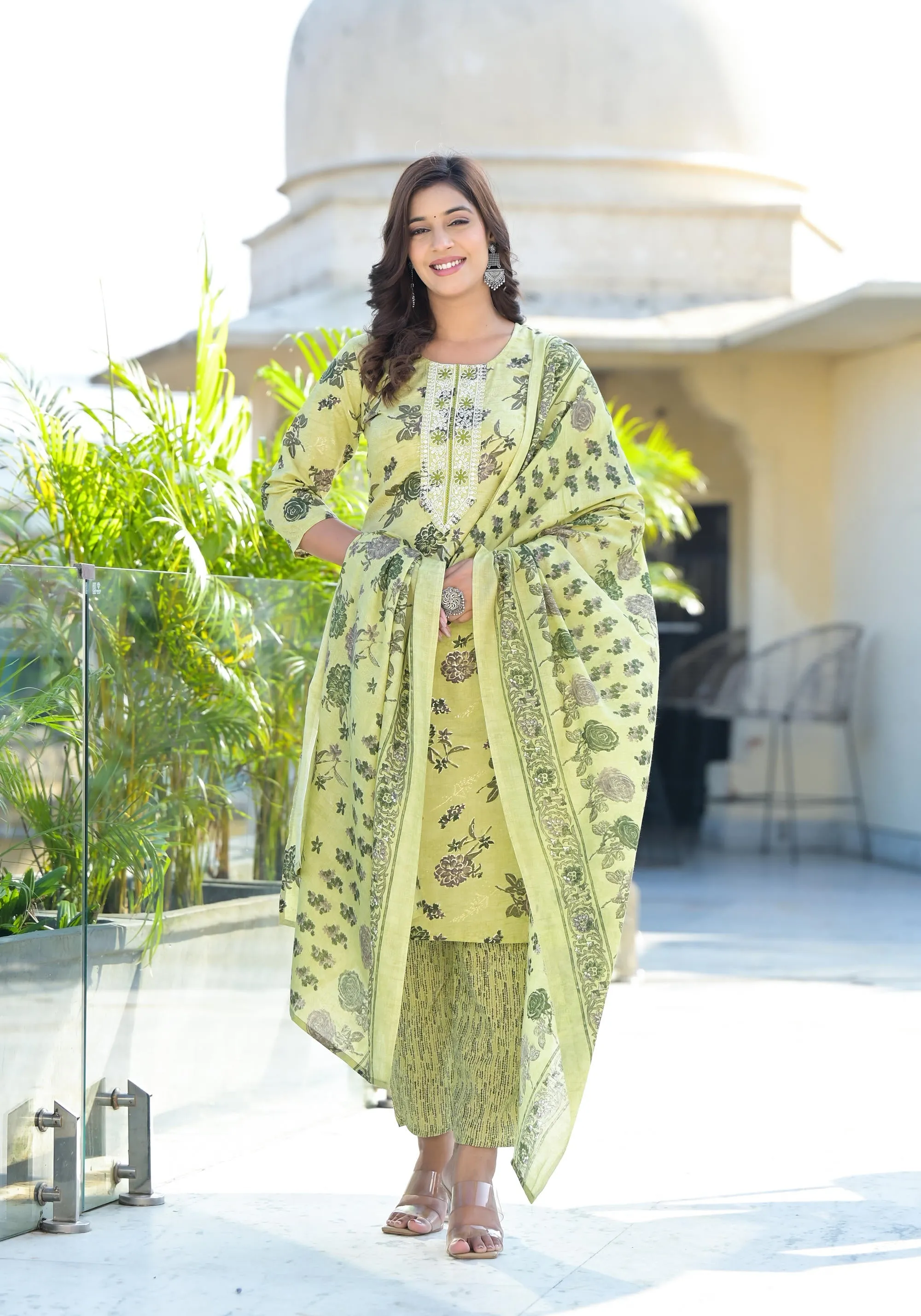 Lime Green Floral Printed Cotton Kurta Pant And Dupatta Set With Thread Work