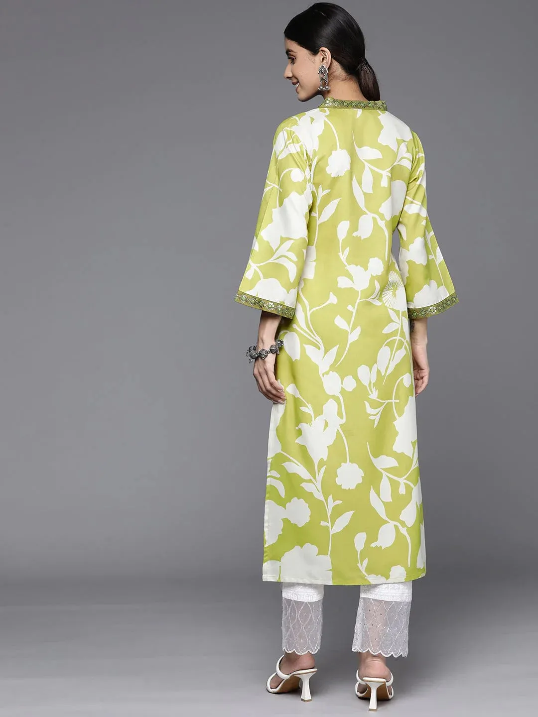 Lime Green Floral Printed Kurta