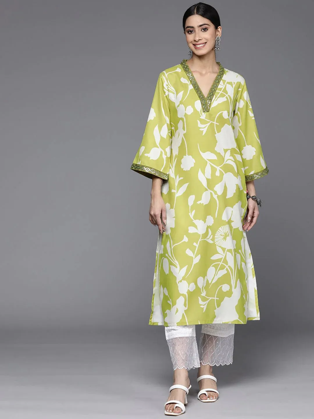 Lime Green Floral Printed Kurta