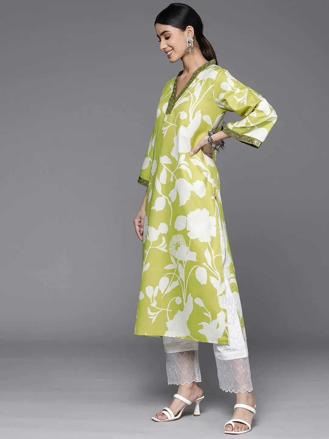 Lime Green Floral Printed Kurta