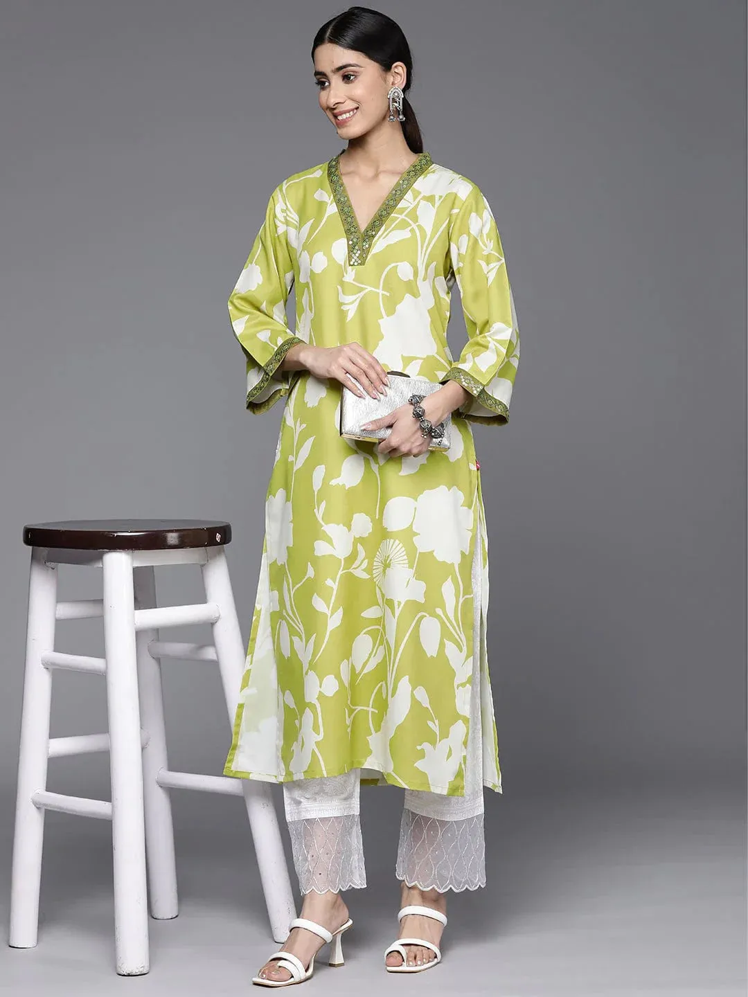 Lime Green Floral Printed Kurta