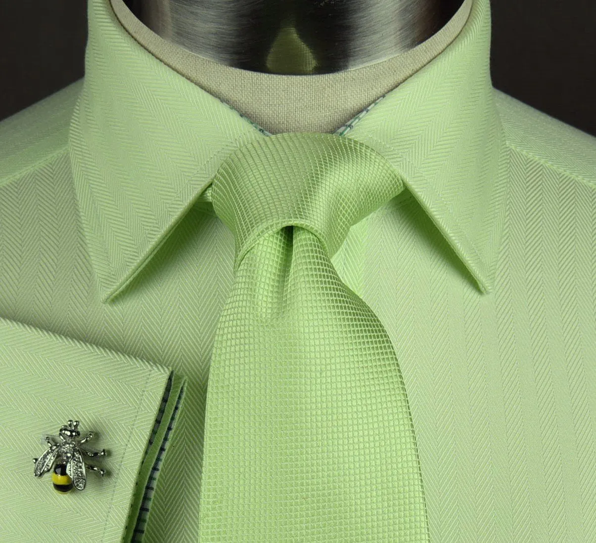 Lime Green Herringbone Twill Formal Business Dress Shirt Designer Luxury Fashion