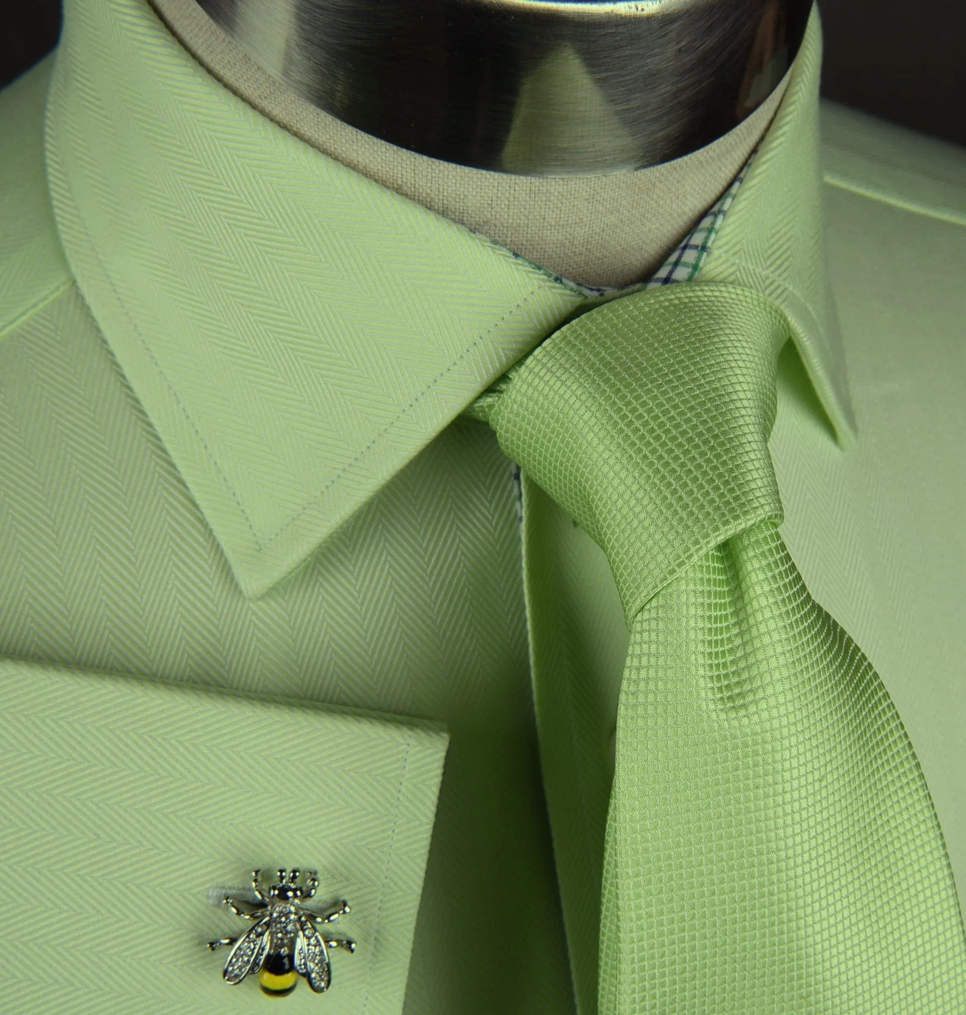 Lime Green Herringbone Twill Formal Business Dress Shirt Designer Luxury Fashion