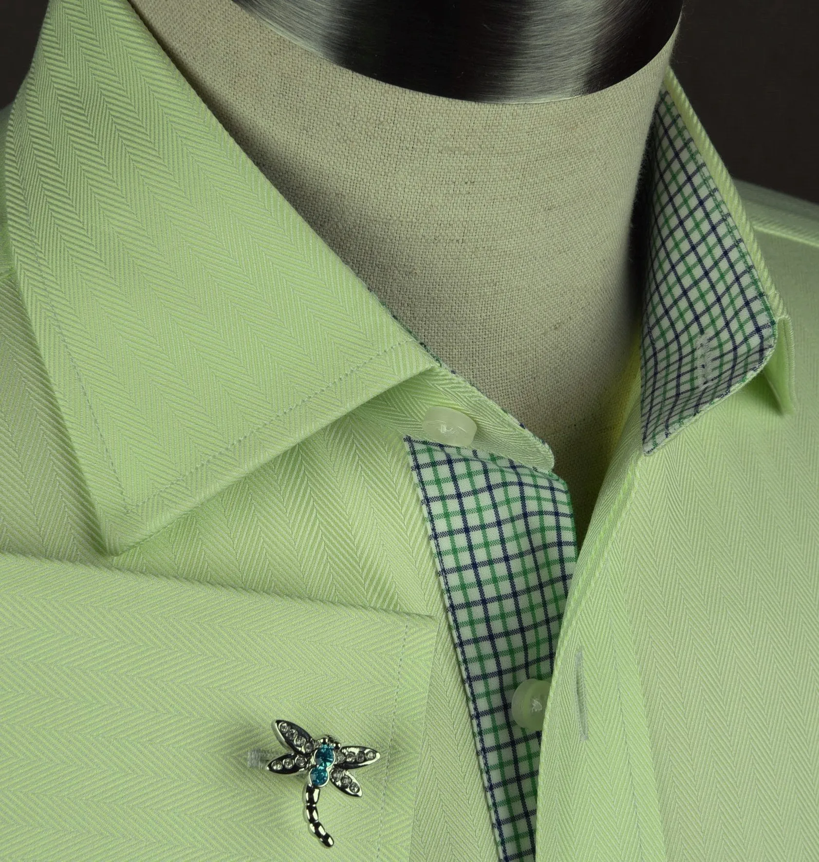 Lime Green Herringbone Twill Formal Business Dress Shirt Designer Luxury Fashion