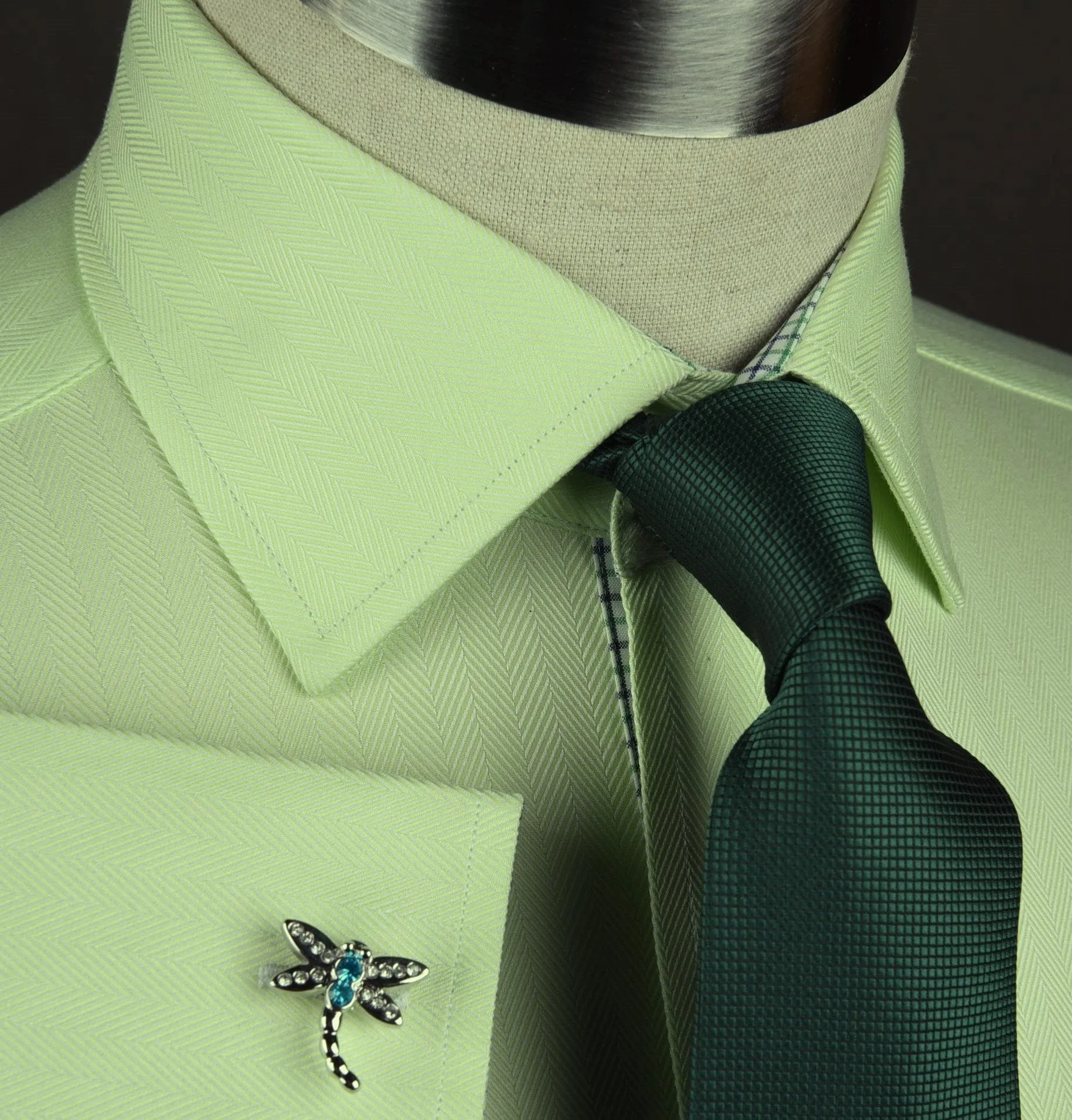 Lime Green Herringbone Twill Formal Business Dress Shirt Designer Luxury Fashion