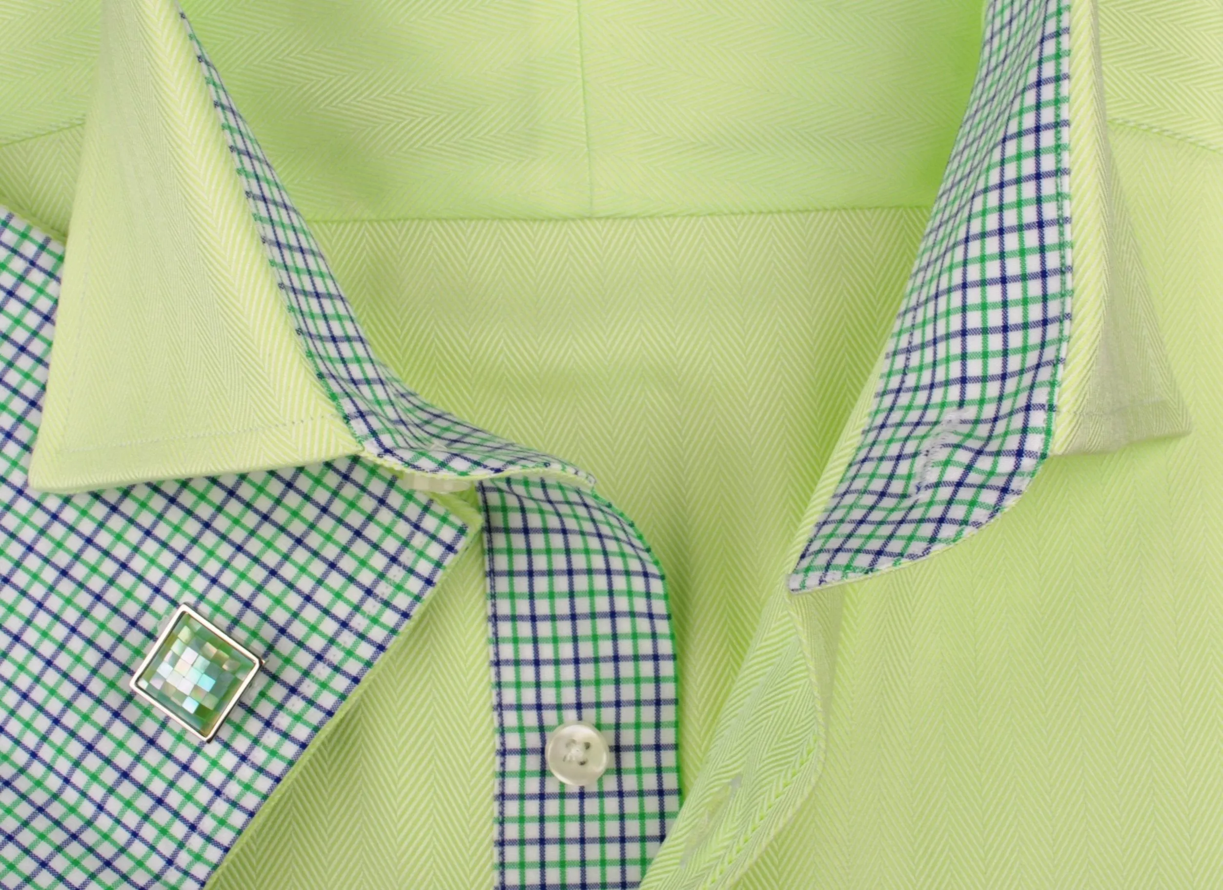 Lime Green Herringbone Twill Formal Business Dress Shirt Designer Luxury Fashion