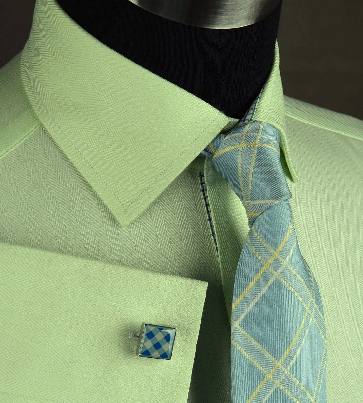 Lime Green Herringbone Twill Formal Business Dress Shirt Designer Luxury Fashion