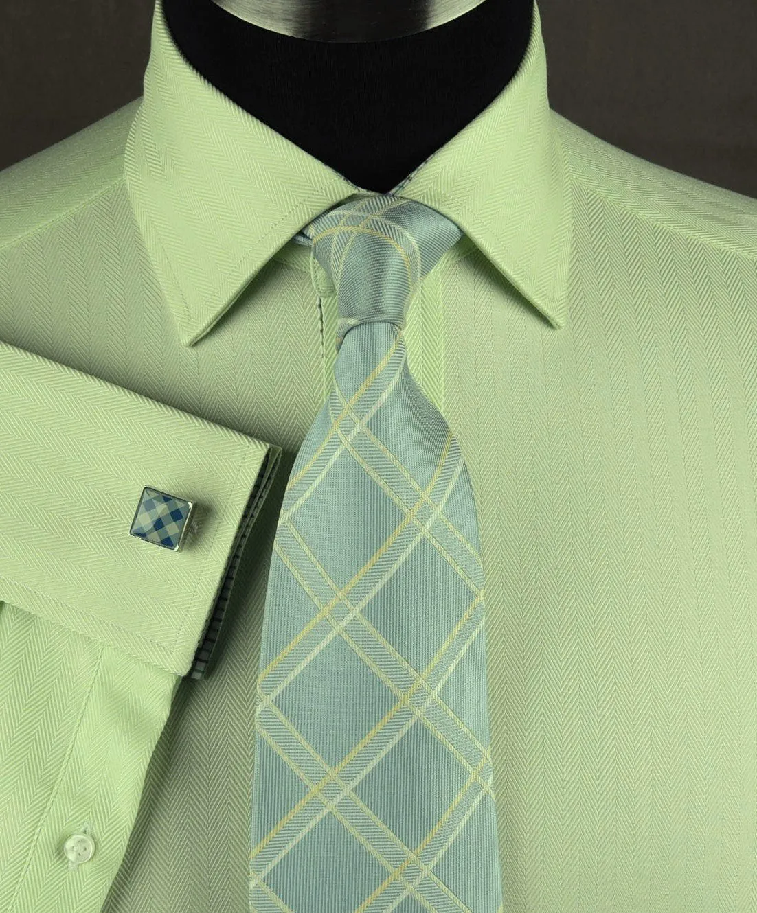 Lime Green Herringbone Twill Formal Business Dress Shirt Designer Luxury Fashion