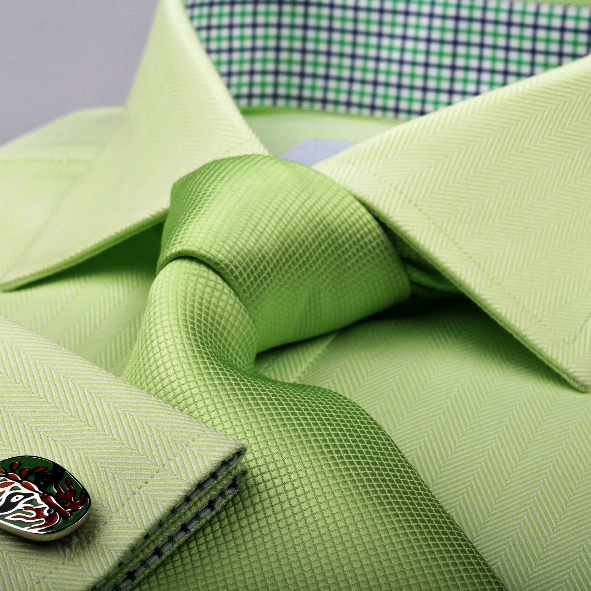 Lime Green Herringbone Twill Formal Business Dress Shirt Designer Luxury Fashion