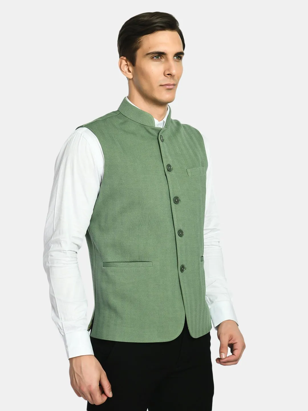 Lime Green Knitted Solid Nehru Jacket