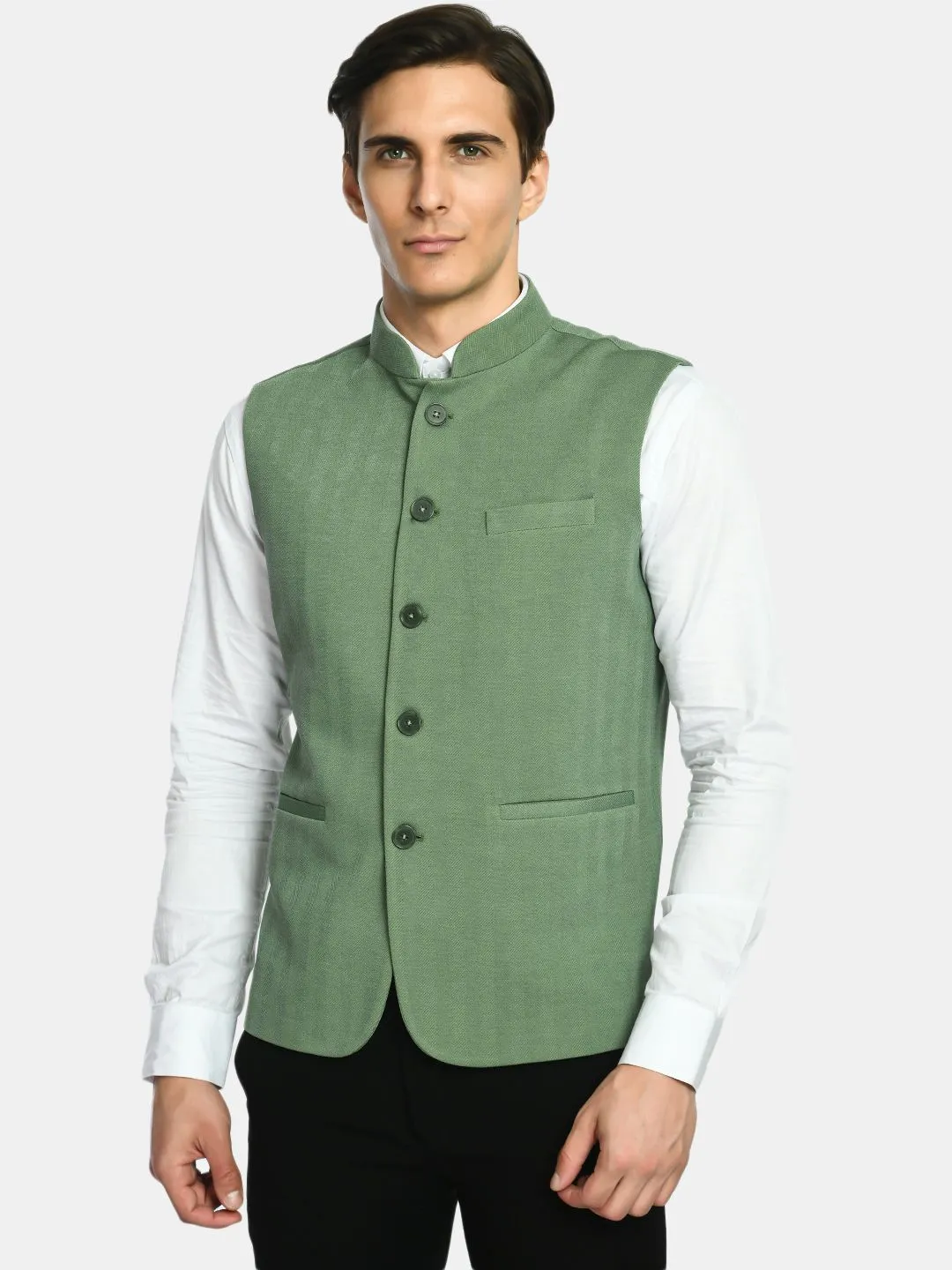 Lime Green Knitted Solid Nehru Jacket