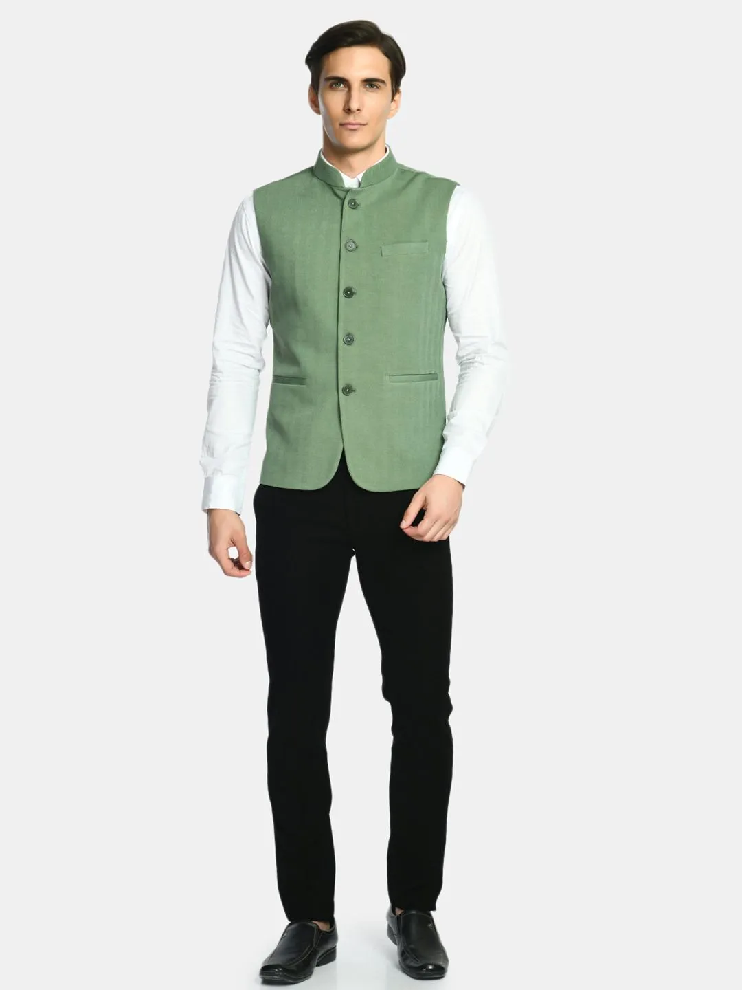 Lime Green Knitted Solid Nehru Jacket