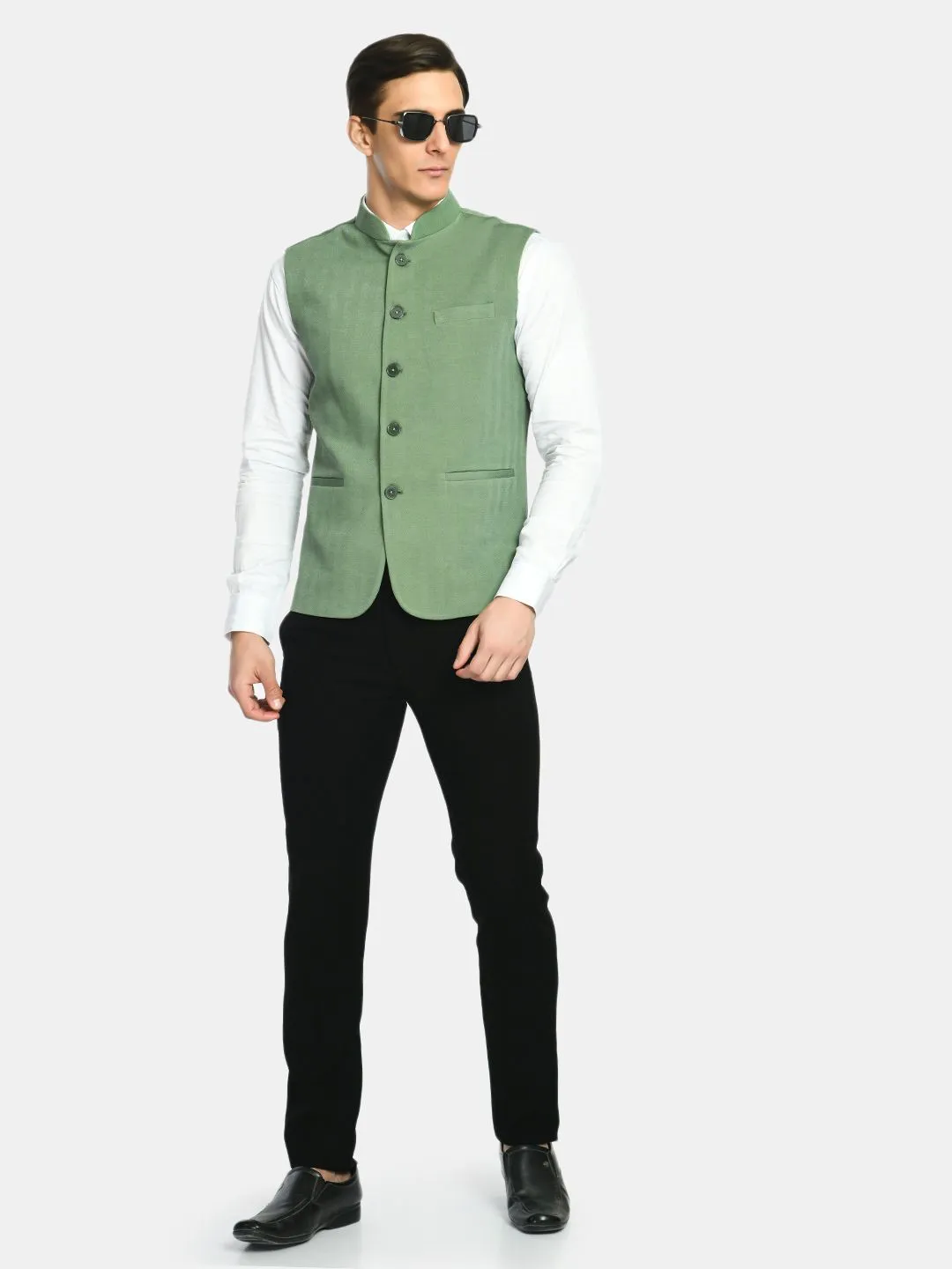 Lime Green Knitted Solid Nehru Jacket