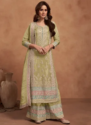 Lime Green Multi Embroidered Wedding Palazzo Suit