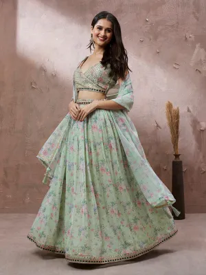 Lime Green Organza Floral Printed Semi-Stitched Lehenga choli & Dupatta