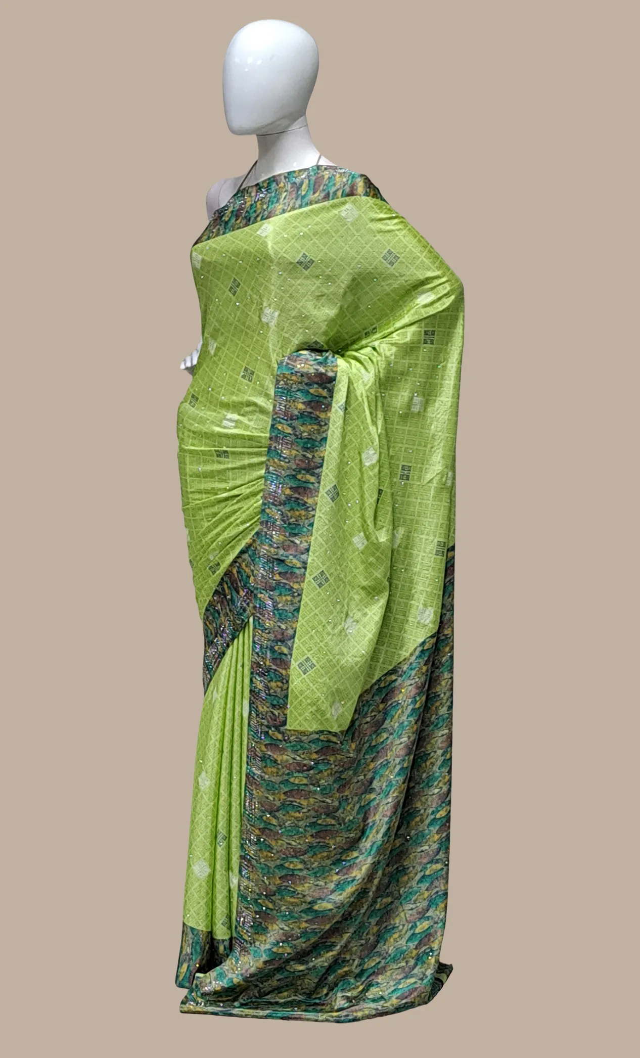 Lime Green Printed Sari