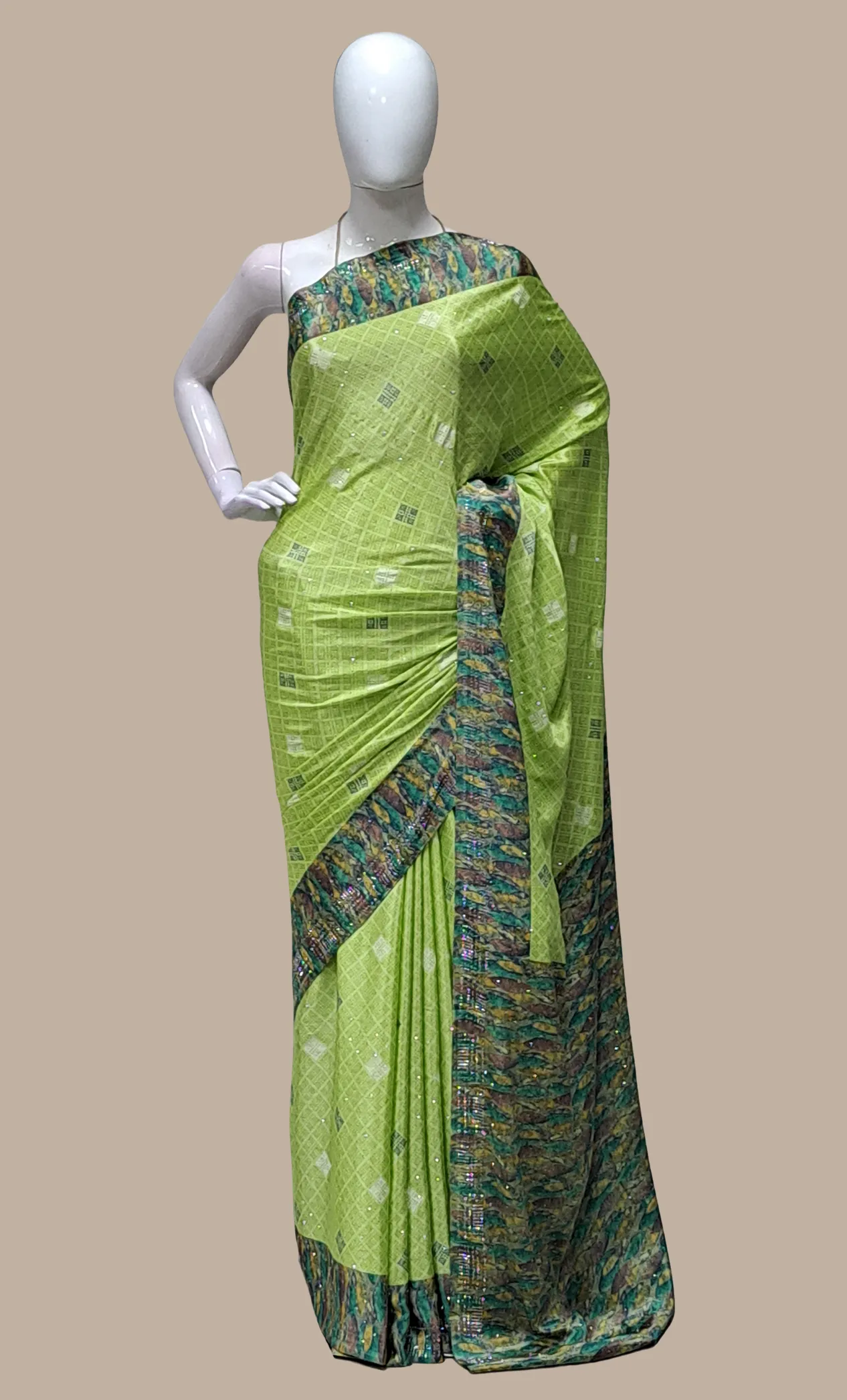 Lime Green Printed Sari