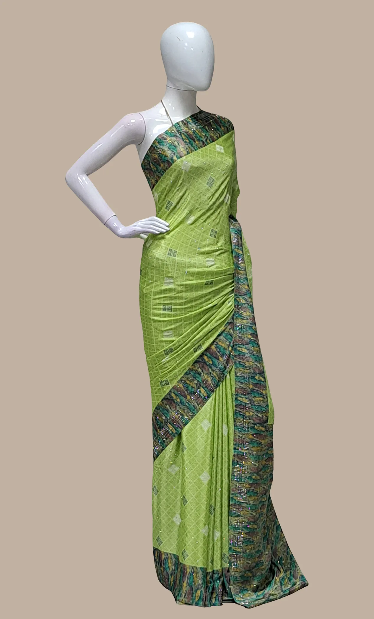 Lime Green Printed Sari