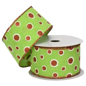 LIME W/WHITE OUTLINE RED GLITTER POLKA DOTS RIBBON 2.5X10 YD