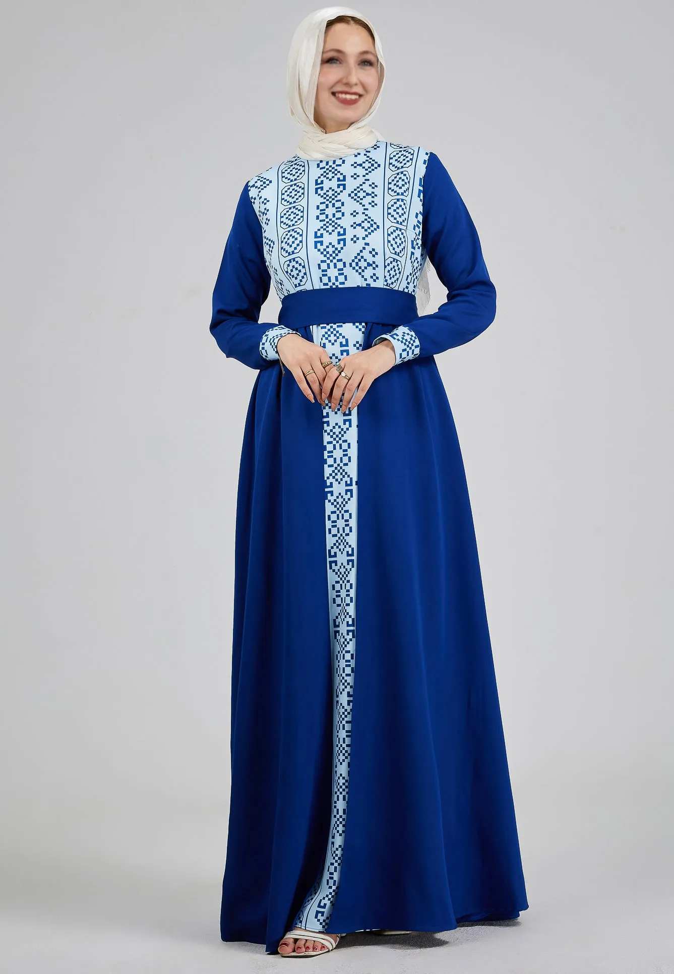 Lina Azure Mosaic Embroidered Crepe Maxi Dress