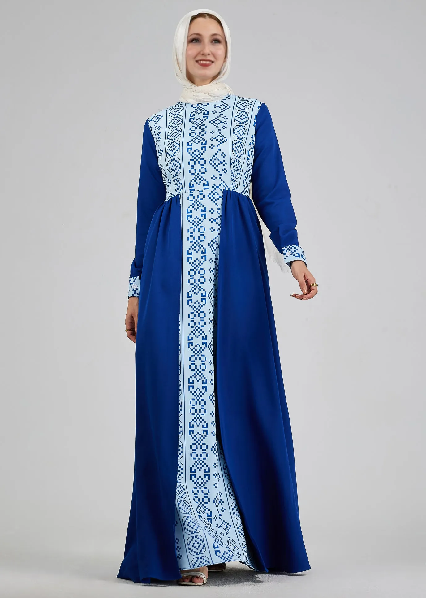 Lina Azure Mosaic Embroidered Crepe Maxi Dress