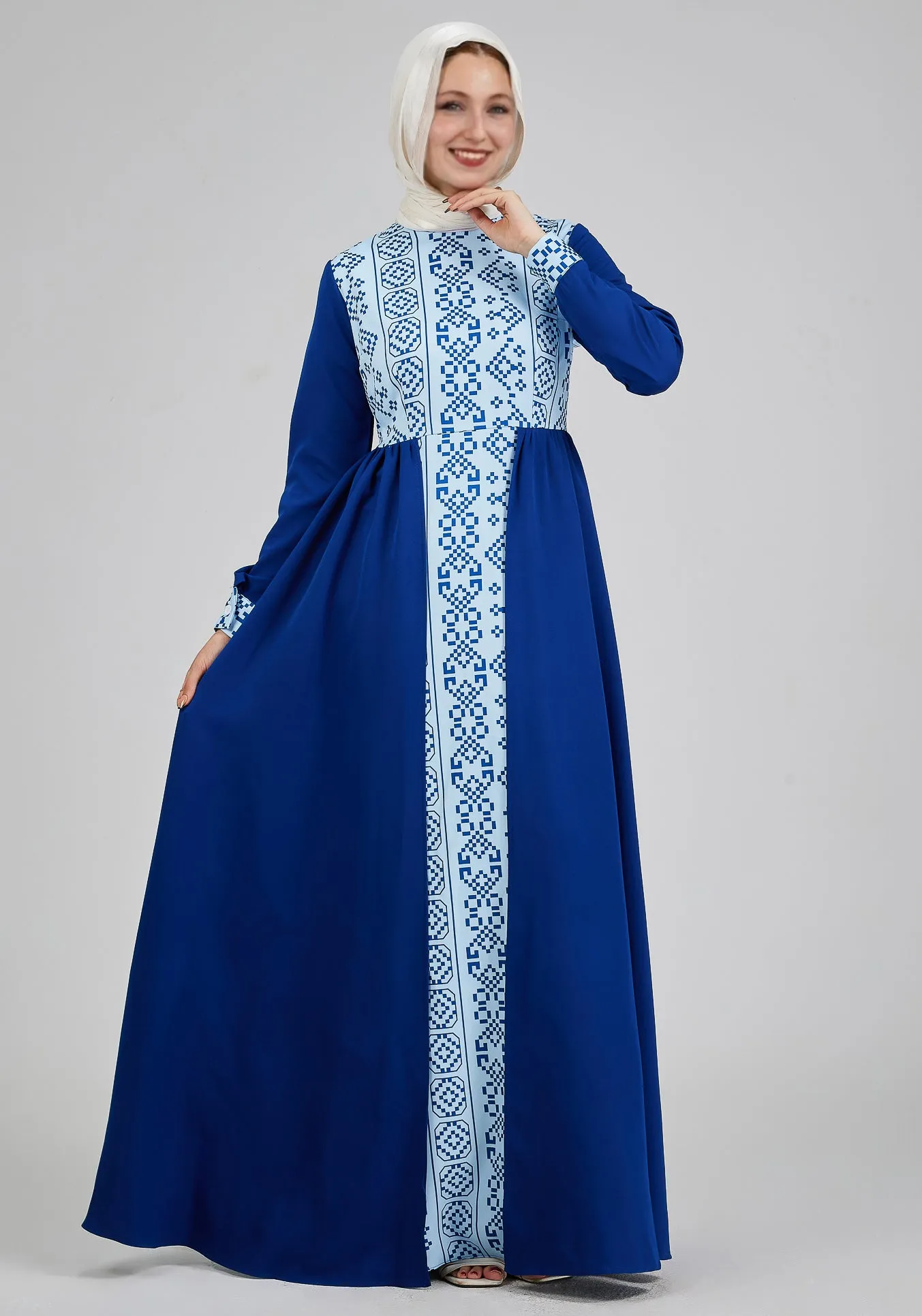 Lina Azure Mosaic Embroidered Crepe Maxi Dress