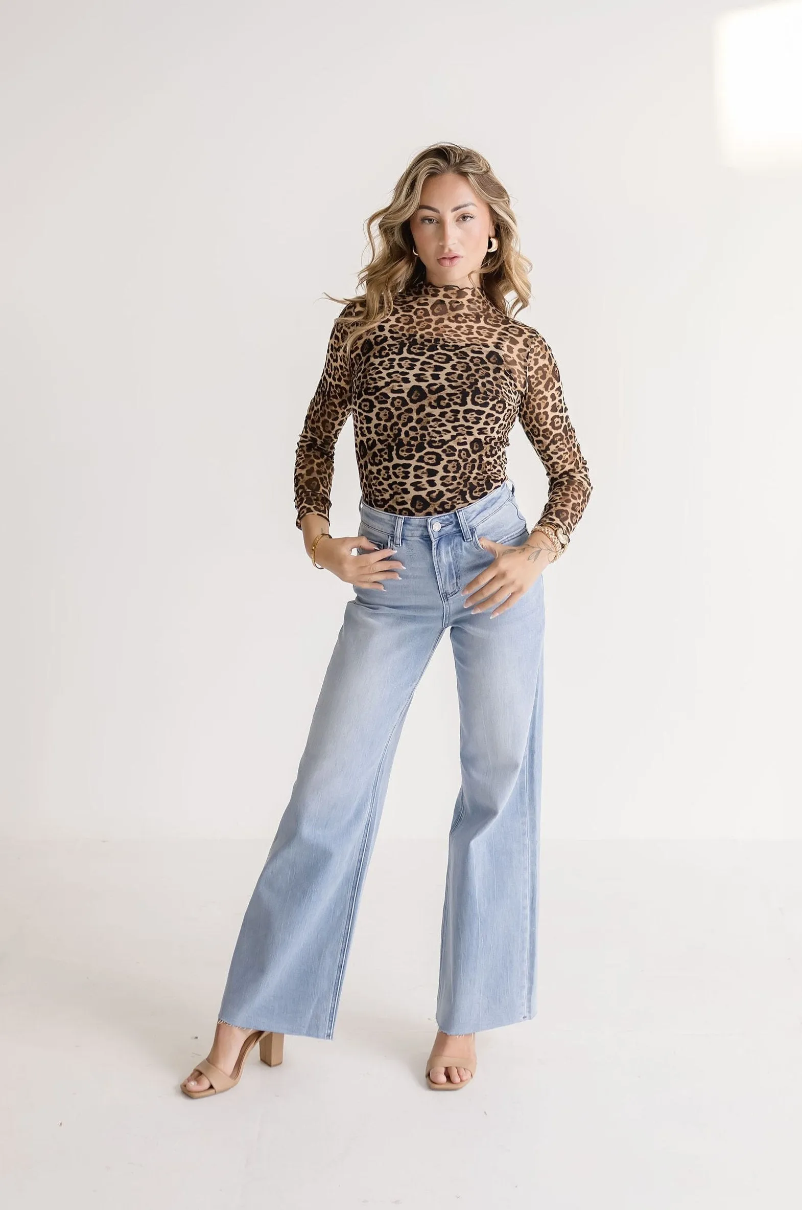 Lindsey Long Sleeve Leopard Print Mesh Top Brown