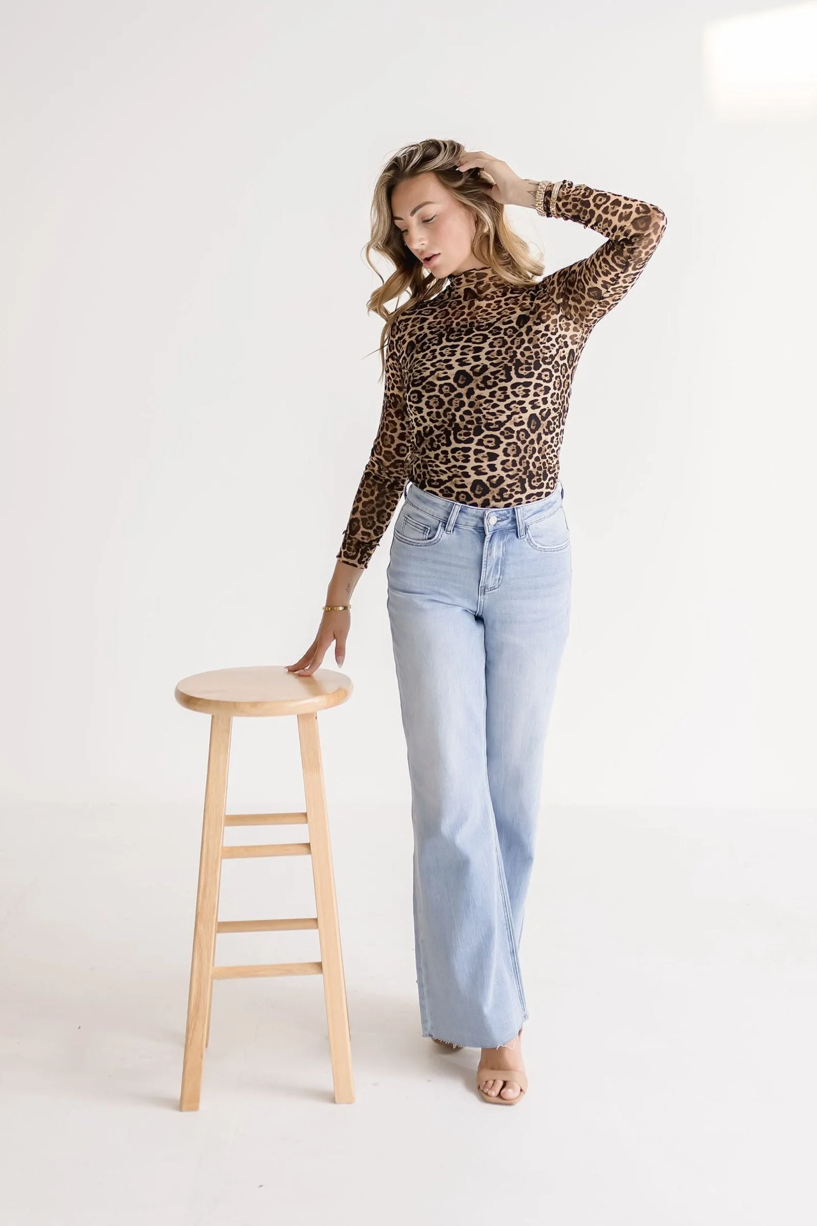 Lindsey Long Sleeve Leopard Print Mesh Top Brown