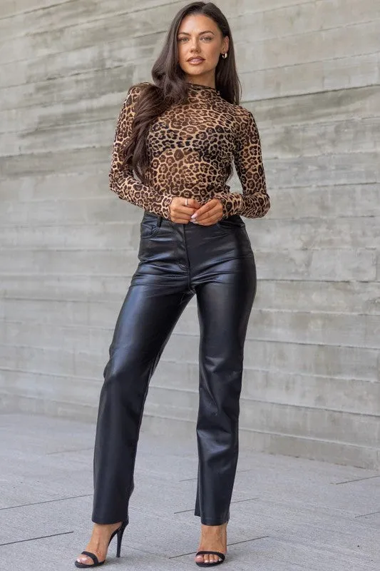 Lindsey Long Sleeve Leopard Print Mesh Top Brown