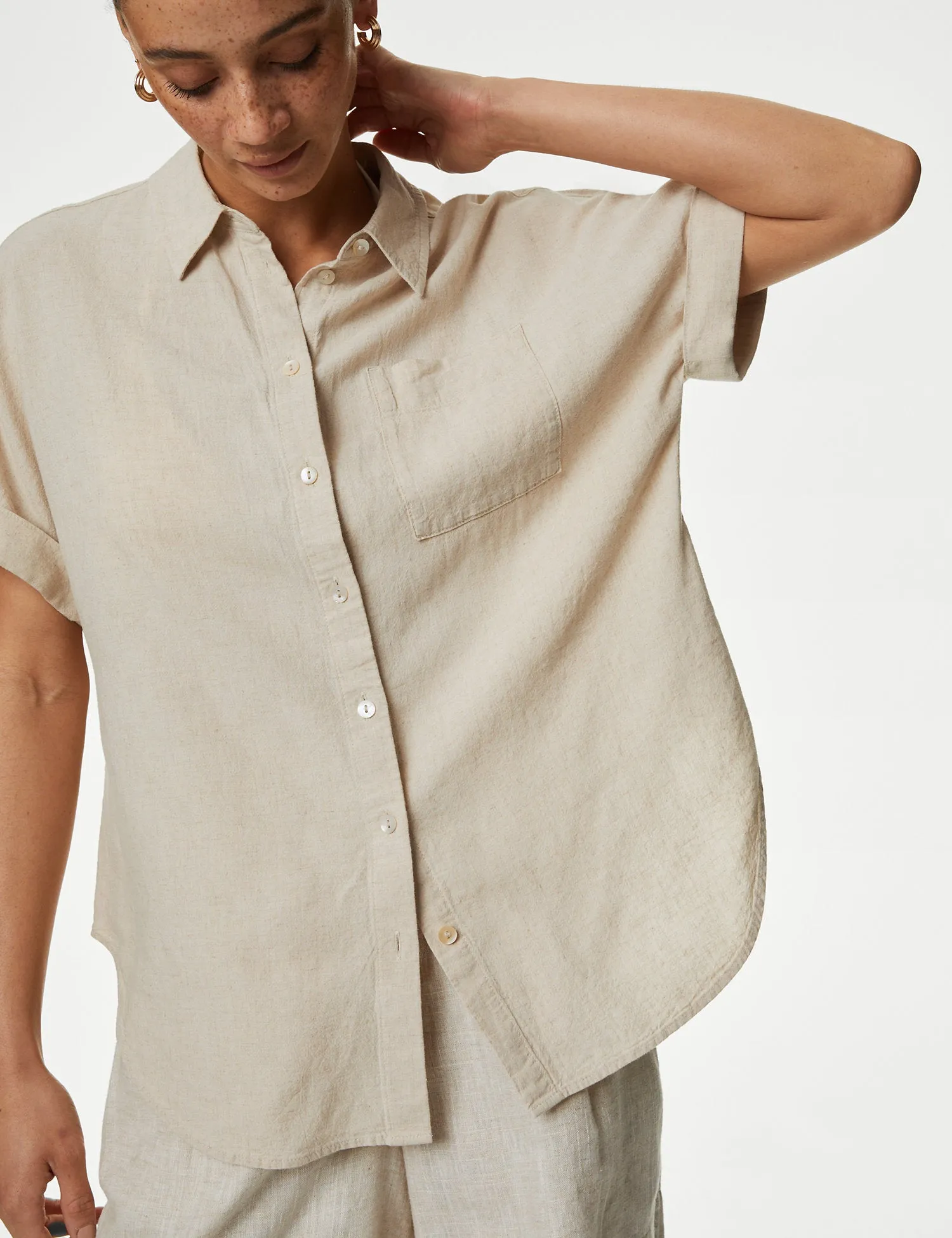 Linen Blend Collared Button Through Shirt