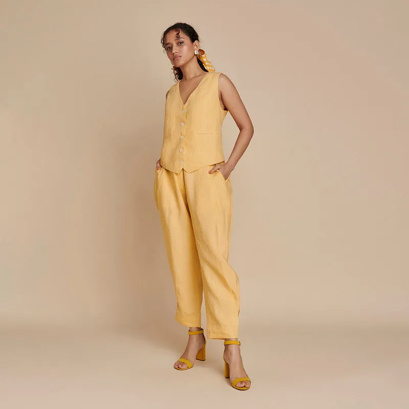 Linen Co Ord Set | Waist Coat & Pants | Yellow