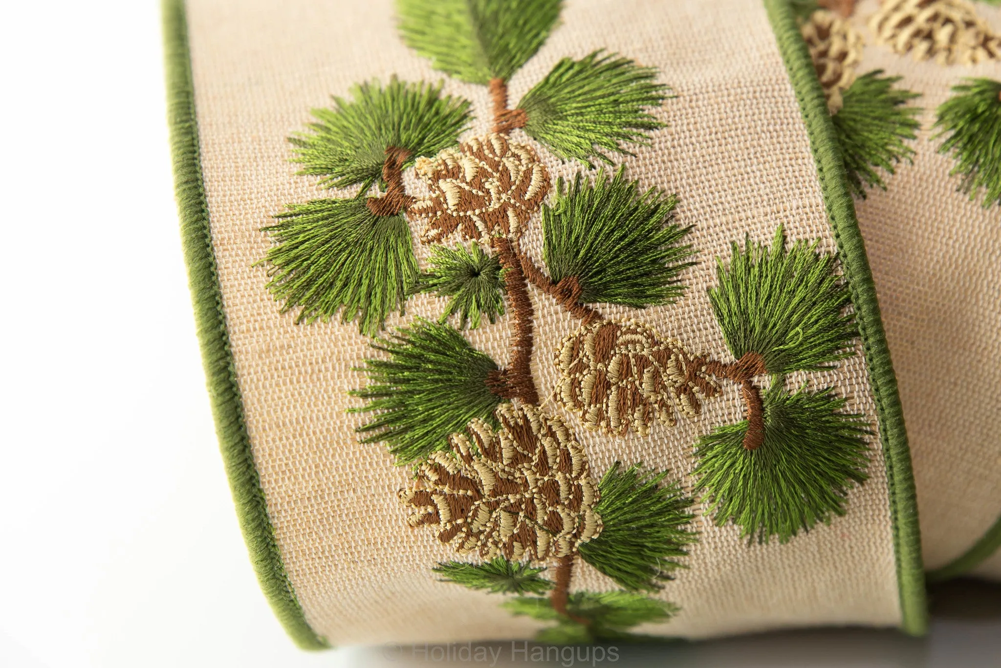 Linen Pinecone Branch Embroidered WIRED Designer Ribbon, 4 Inch by 10 Yards