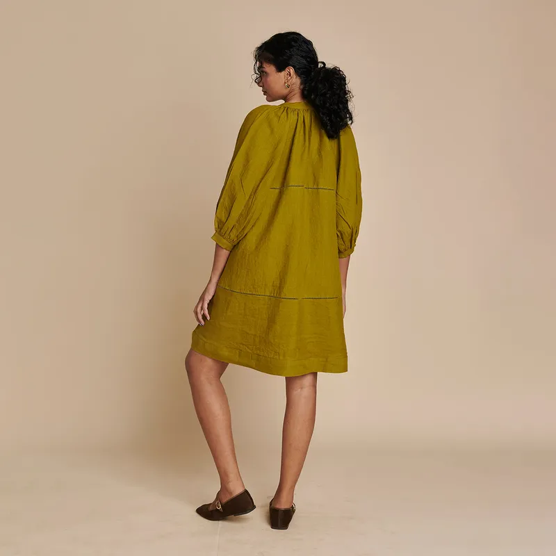 Linen Short Dress for Women | Mehndi Green